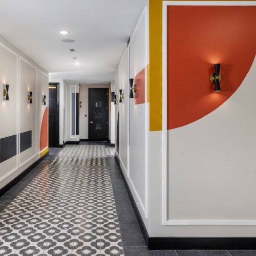 Colorful hallway inside Raleigh apartment